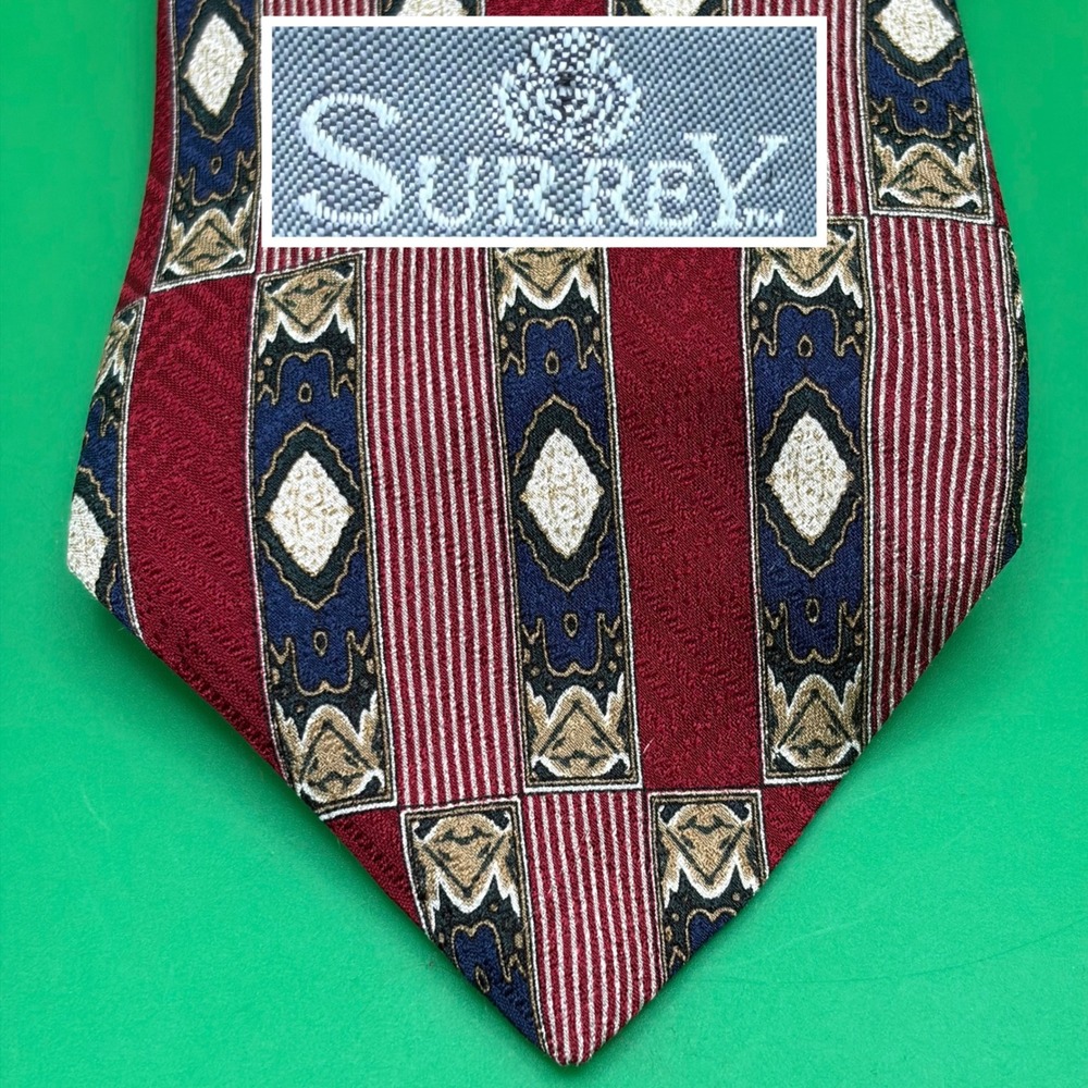 VTG 90s Surrey 100% Silk Necktie Mens Classic Red/Blue Geometric Tie USA Made